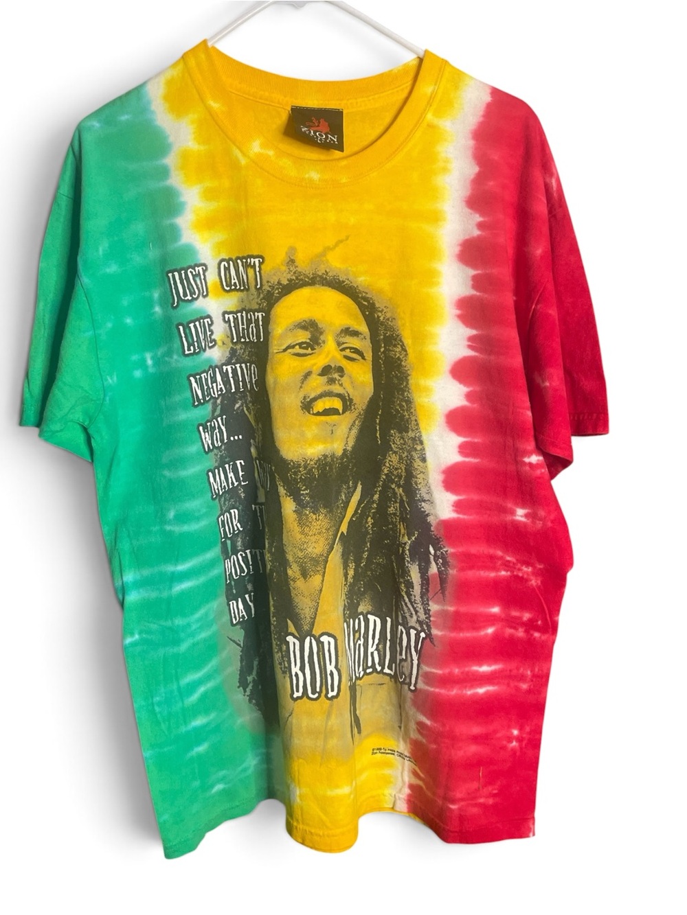 Bob Marley Tie-Dye Graphic Tee in Red, Yellow & Green unisex Large Zion tag